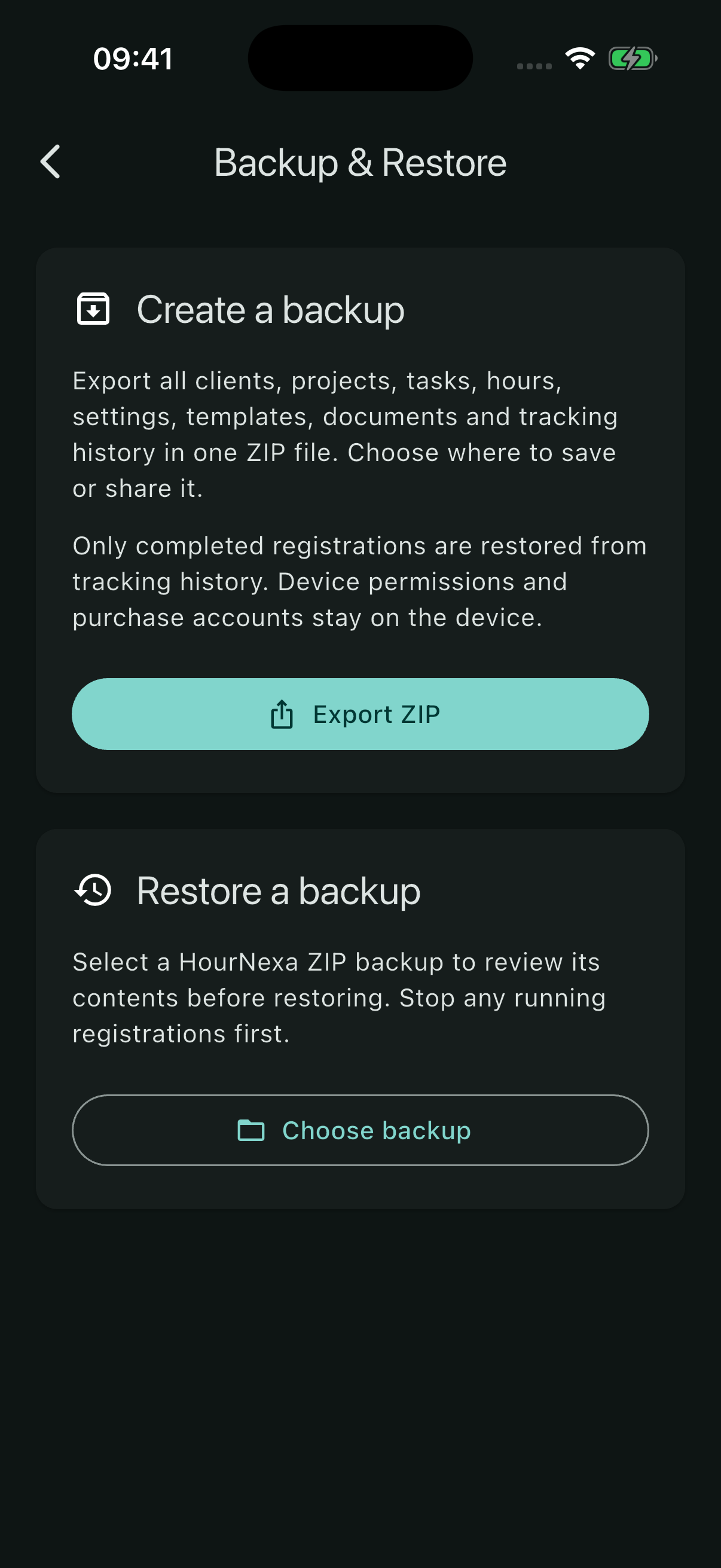 Backup and Restore screen explaining ZIP export and choosing a backup