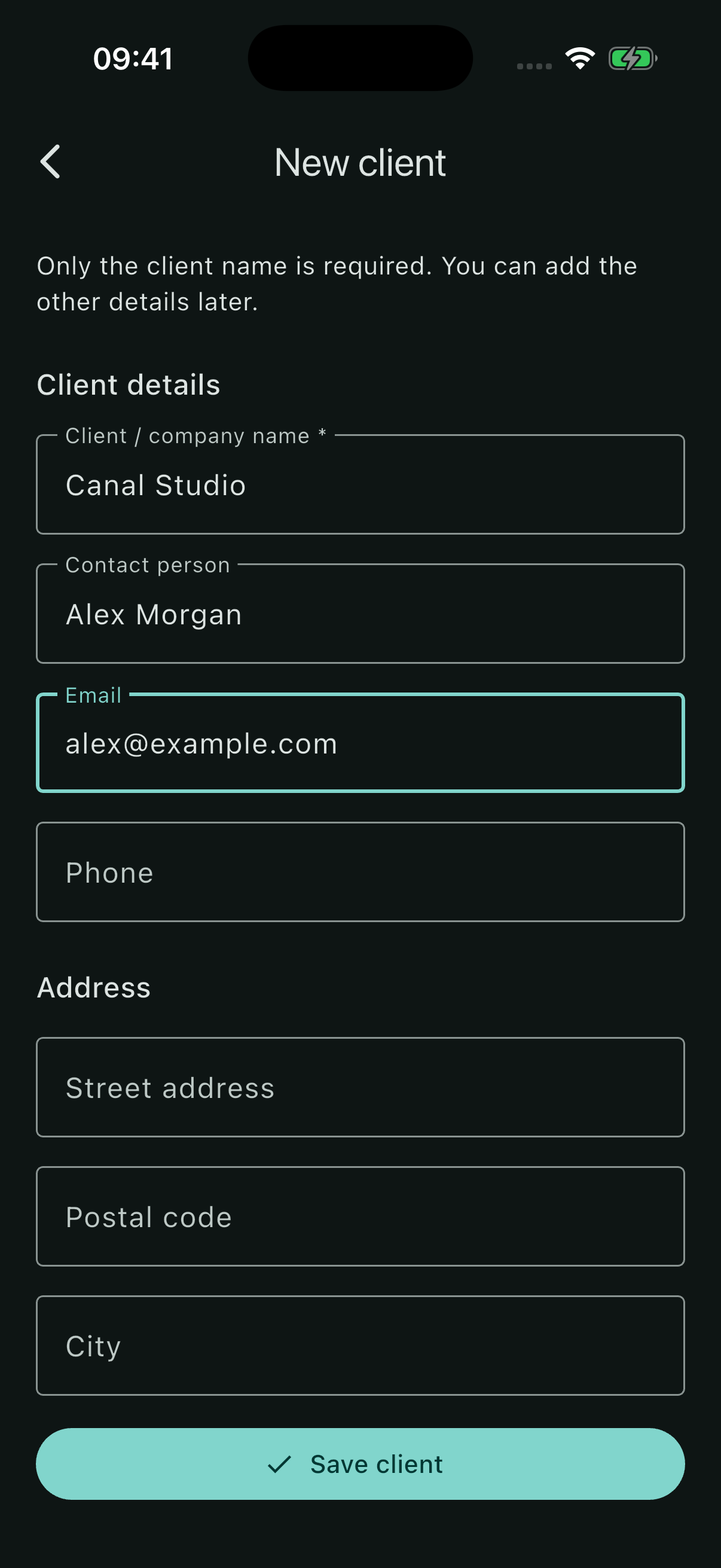 New client form filled with Canal Studio and example contact details