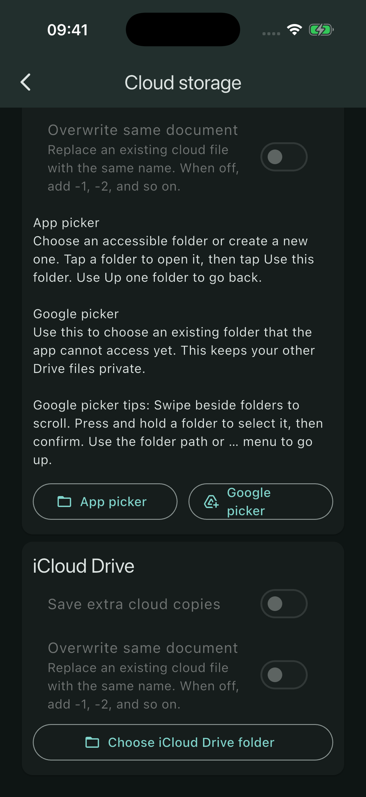 Cloud storage settings with extra-copy and overwrite options