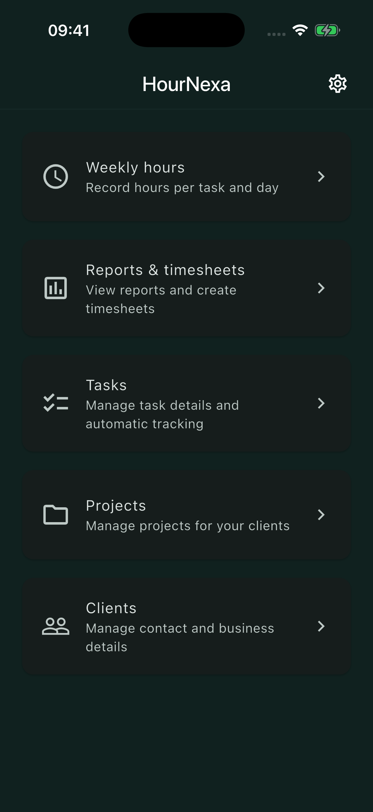 HourNexa home screen with Weekly hours, Reports & timesheets, Tasks, Projects and Clients