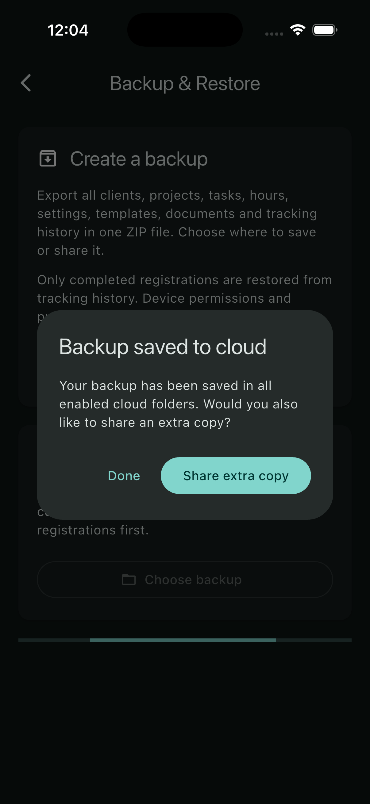 Backup and Restore showing confirmation that the backup was saved to all enabled cloud folders