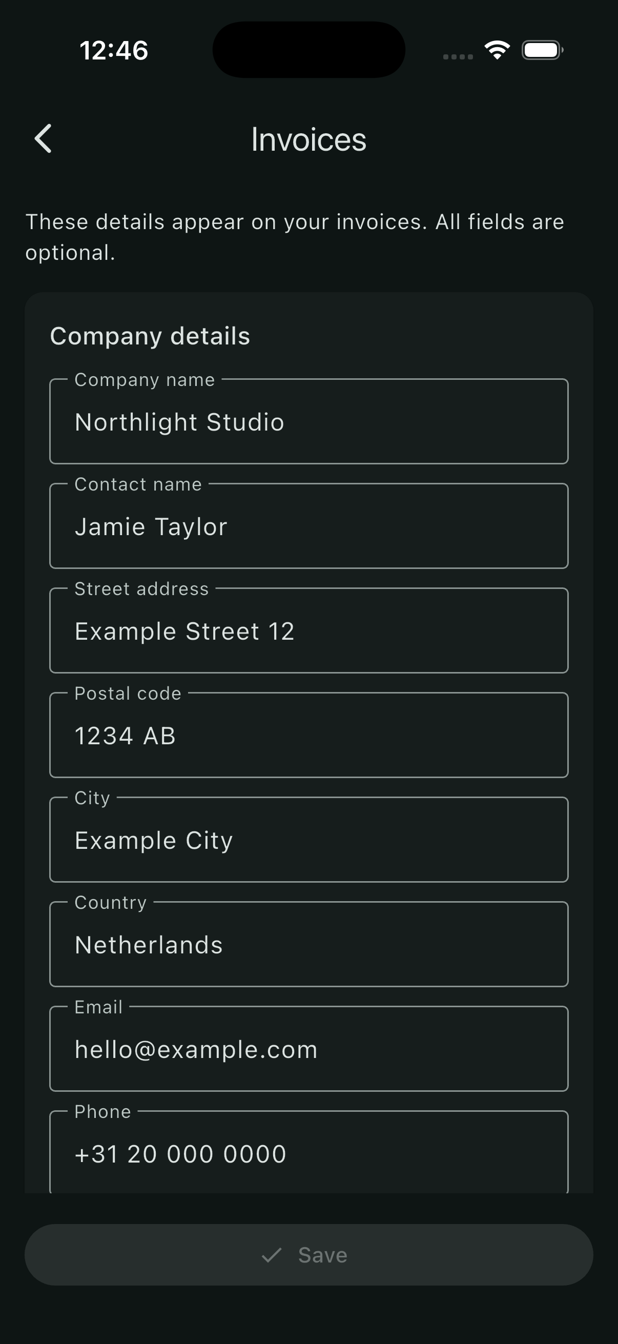 Invoice company settings with fictional Northlight Studio details