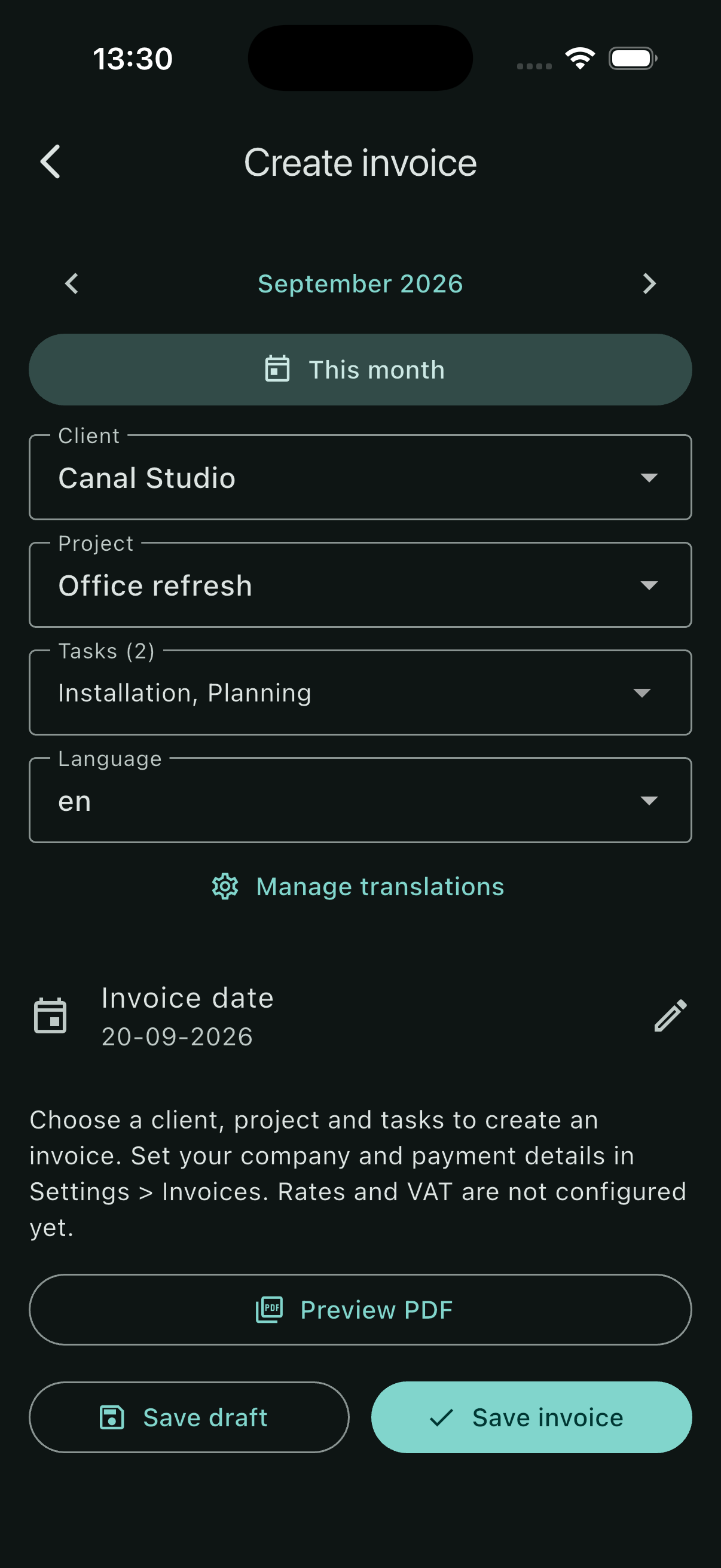 Create invoice for Canal Studio with September 2026, Office refresh, Installation and Planning selected