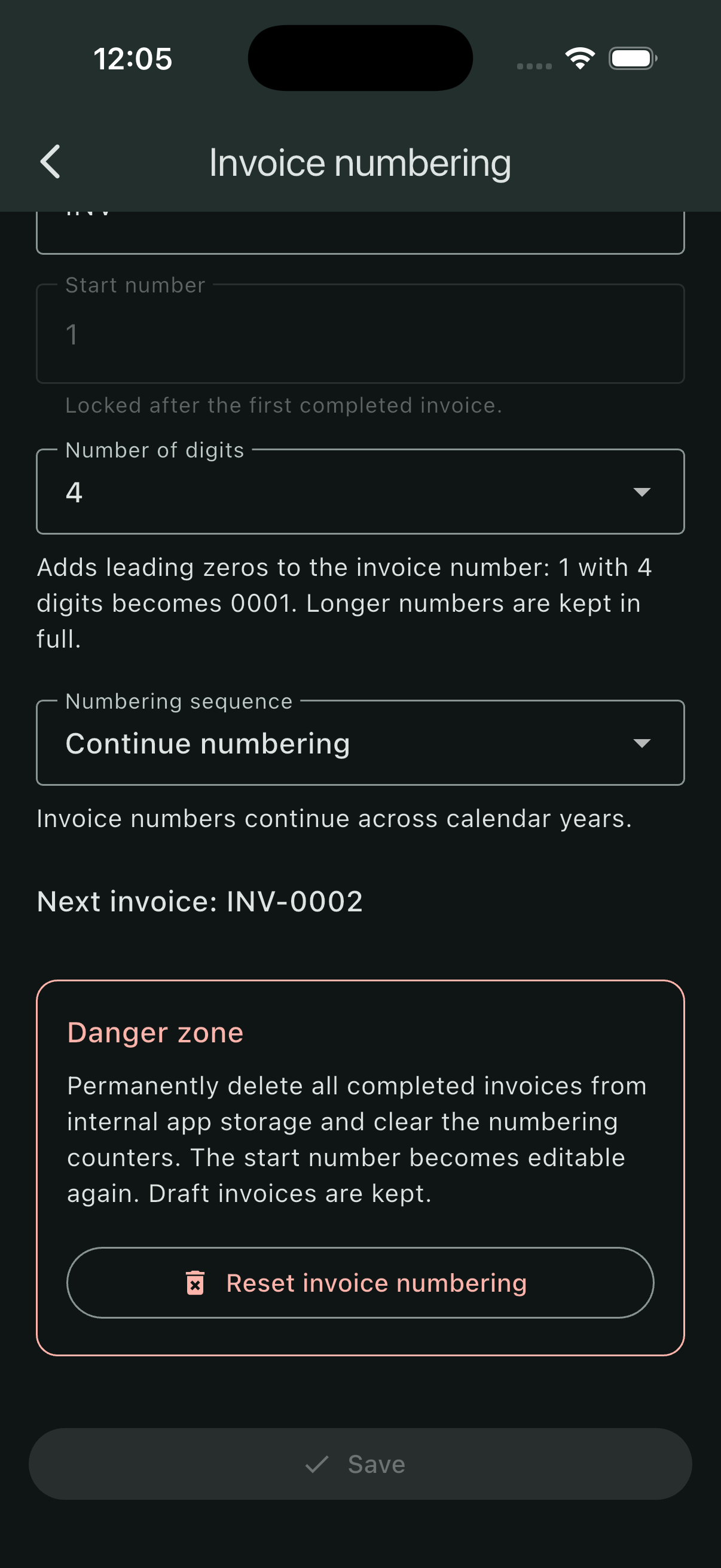 Danger zone below a locked invoice start number, with Reset invoice numbering button