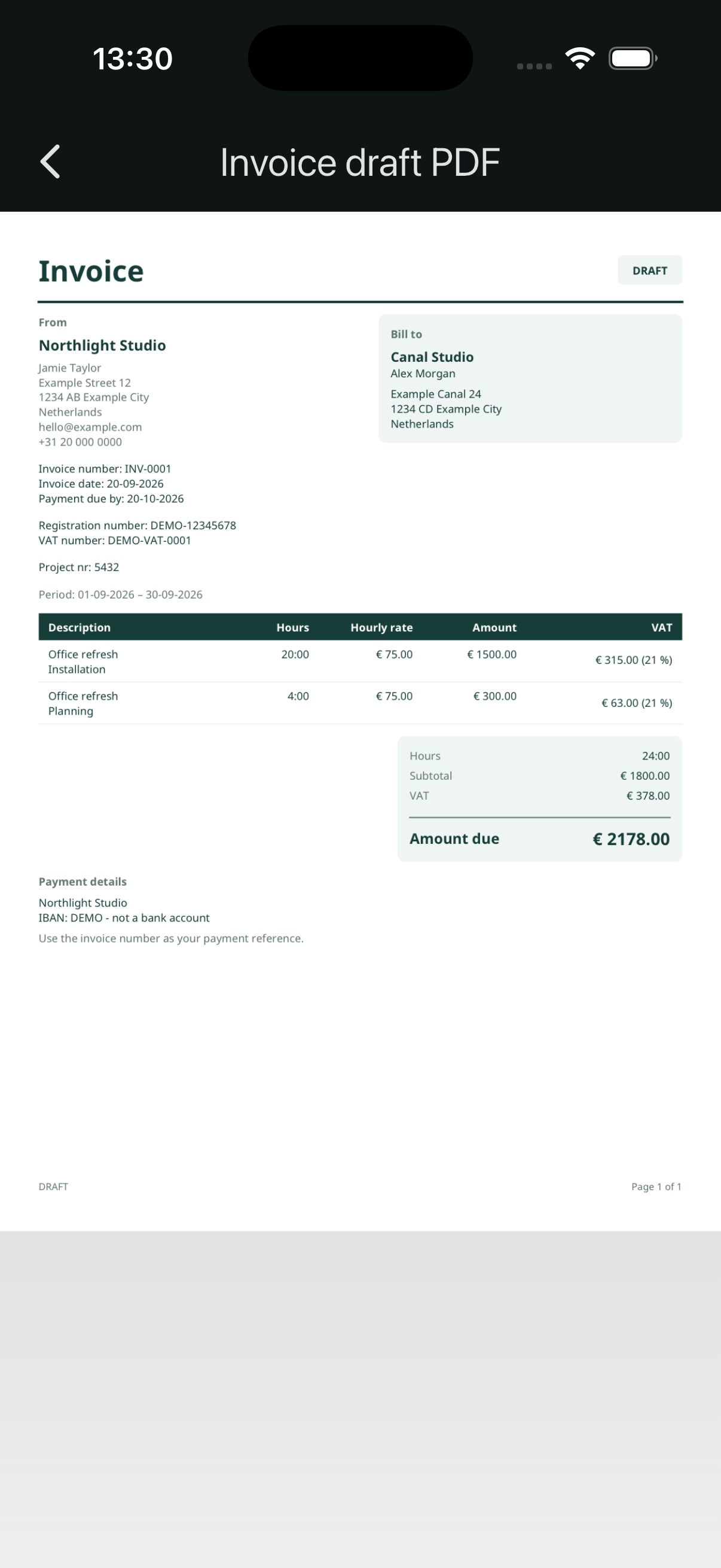 Draft invoice PDF from Northlight Studio showing 24 hours and demonstration payment details