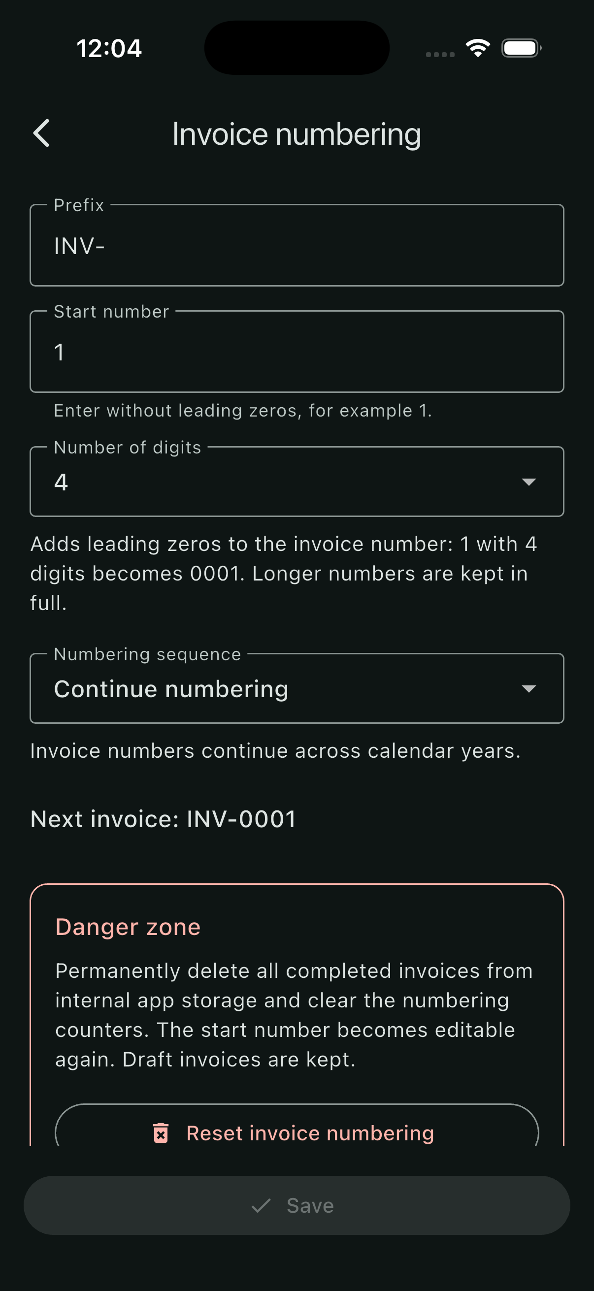 Invoice numbering with prefix INV-, start number 1, four digits and next invoice INV-0001