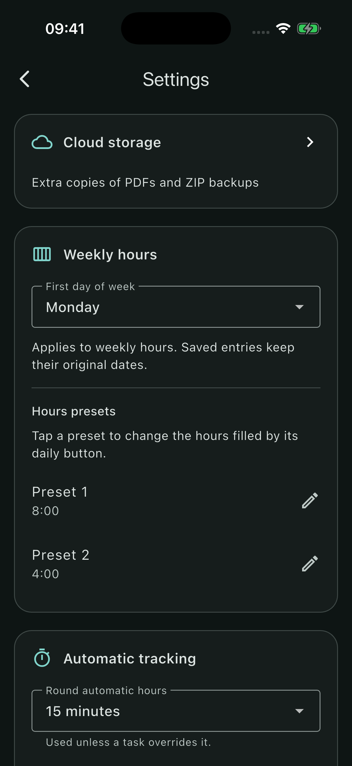 Settings screen showing weekly hours preferences and preset values